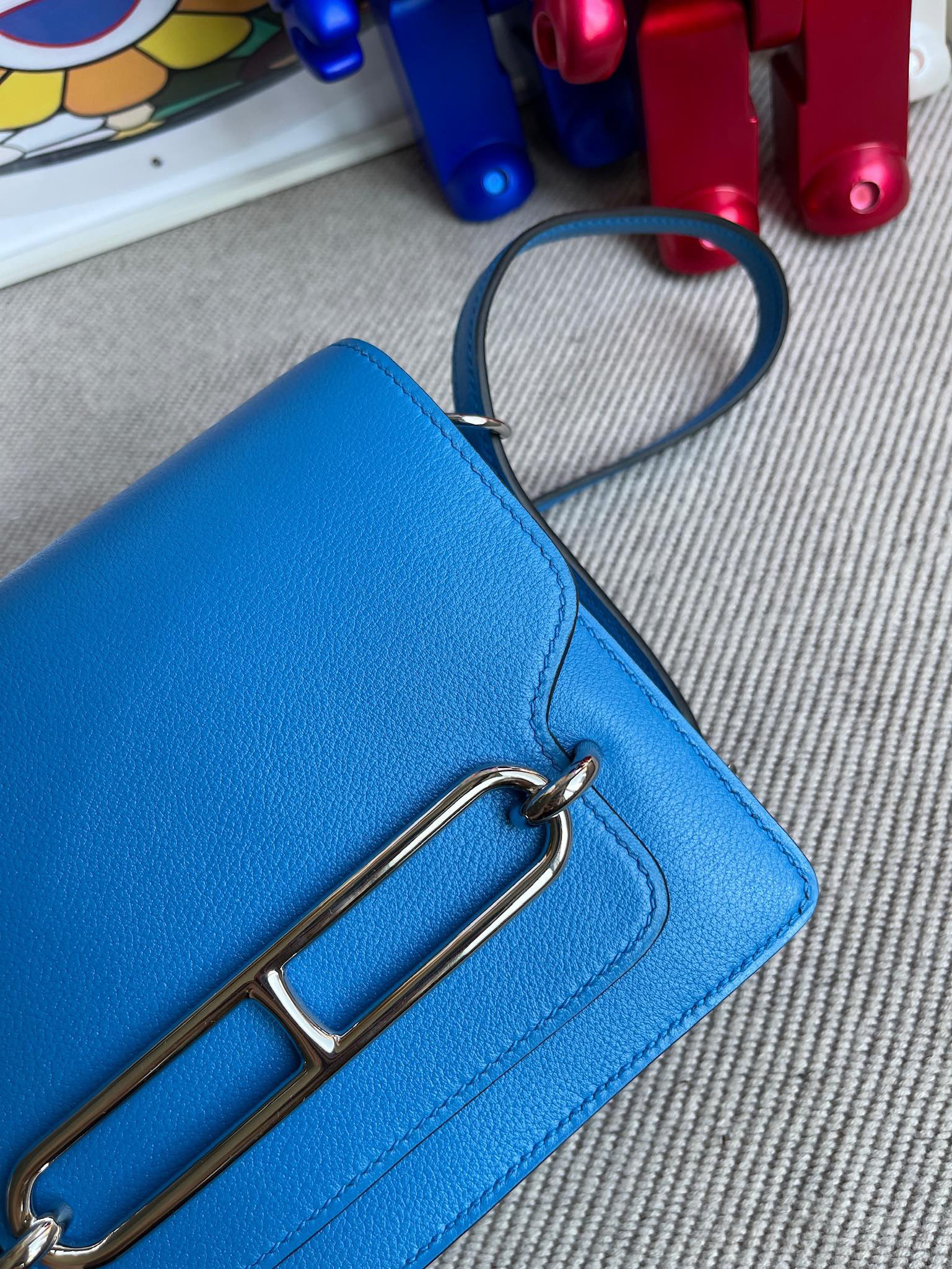 Hermes Roulis 18CM EverColor Leather 7T Blue Hydra / S3 Rose De Coeur Silver Hardware HandMade