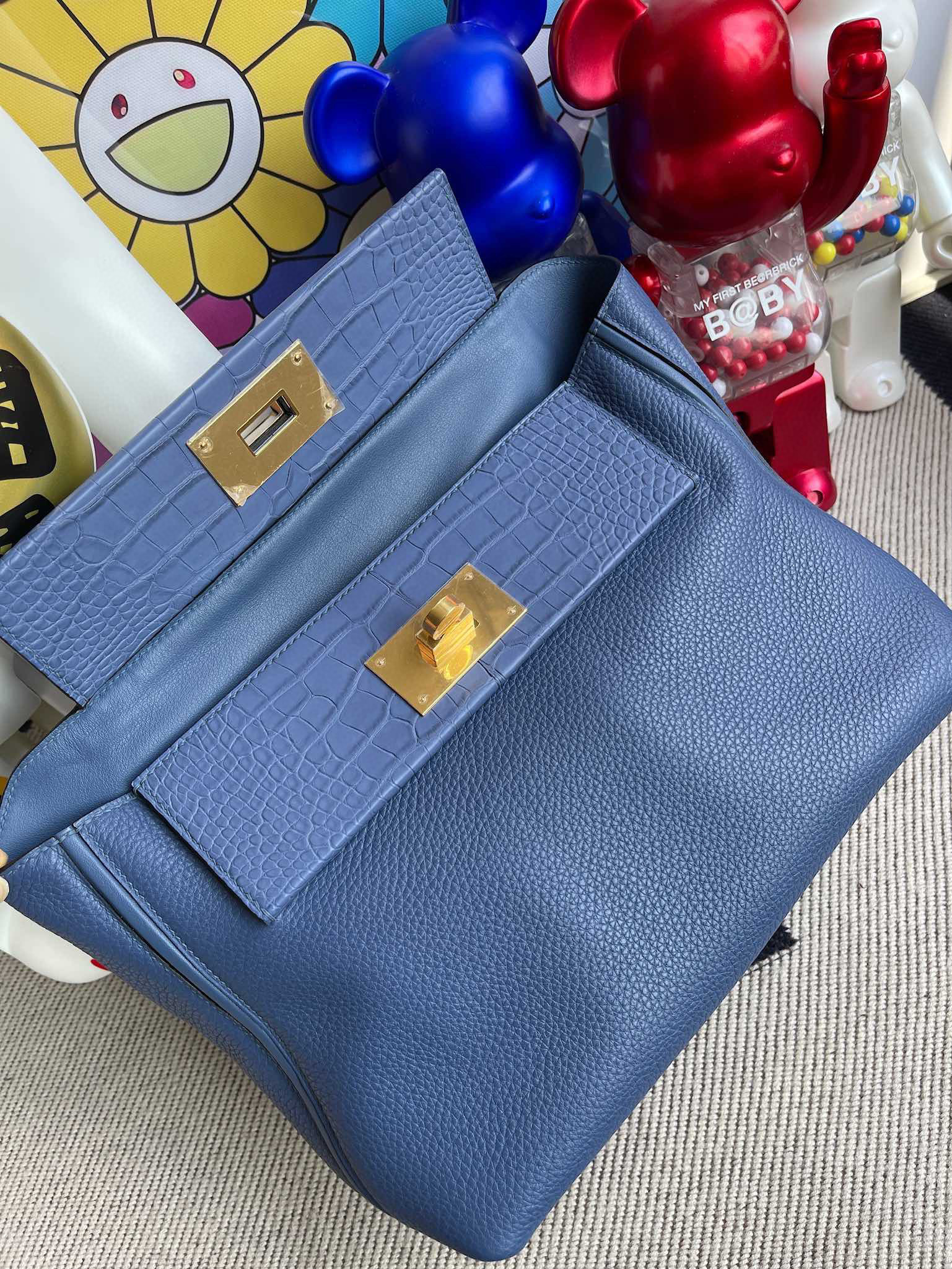 Hermes Kelly Touch 24/24 29CM Bright Blue Crocodile Gold Hardware Handmade
