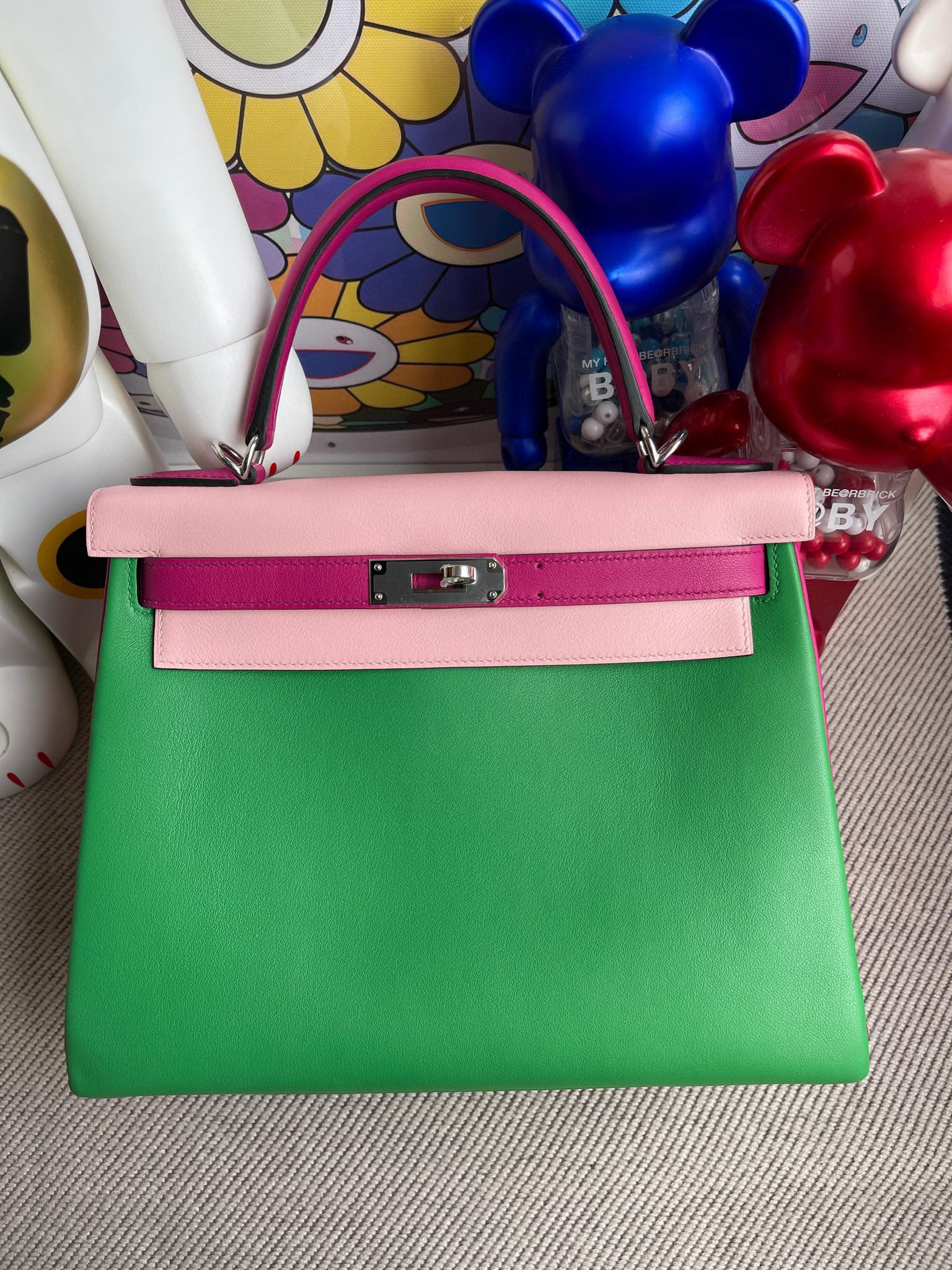 Hermes Kelly 28CM Swift Leather 1K Bamboo / 3Q Rose Sakura / L3 Rose Purple , Silver Hardware ,Full Handmade