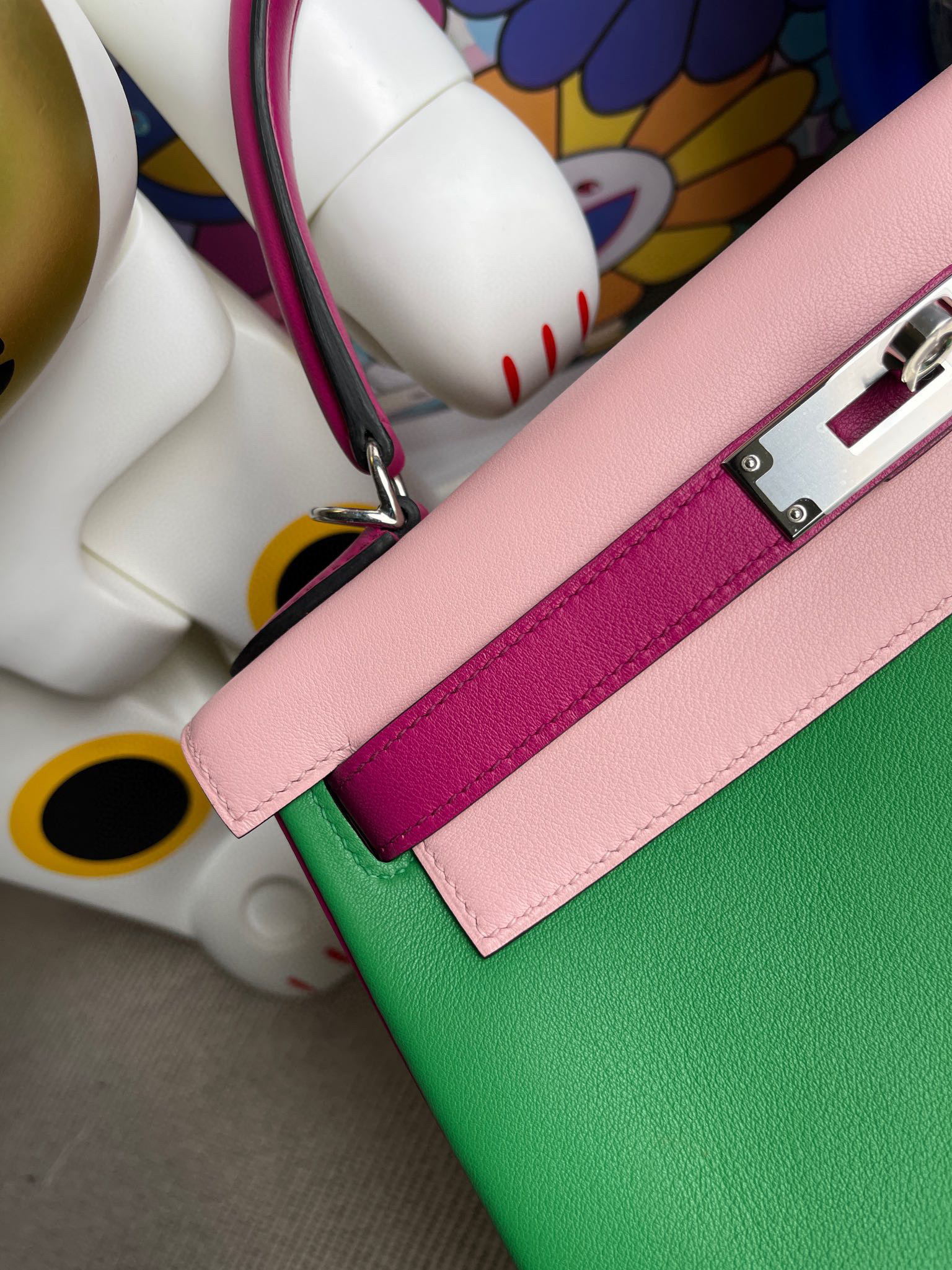 Hermes Kelly 28CM Swift Leather 1K Bamboo / 3Q Rose Sakura / L3 Rose Purple , Silver Hardware ,Full Handmade