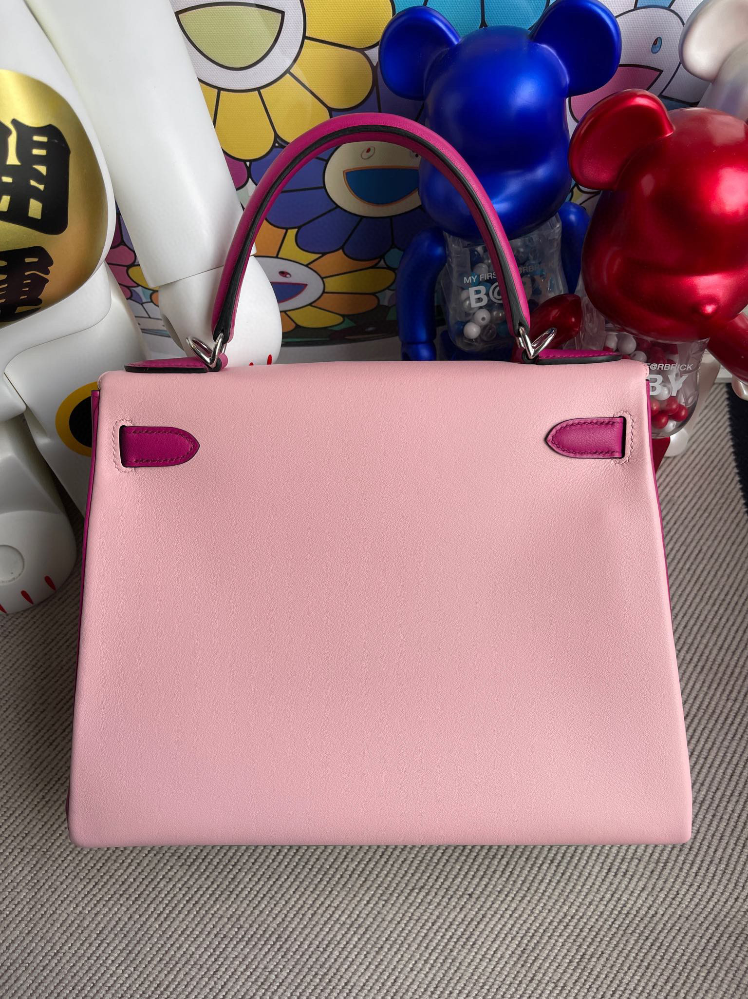 Hermes Kelly 28CM Swift Leather 1K Bamboo / 3Q Rose Sakura / L3 Rose Purple , Silver Hardware ,Full Handmade