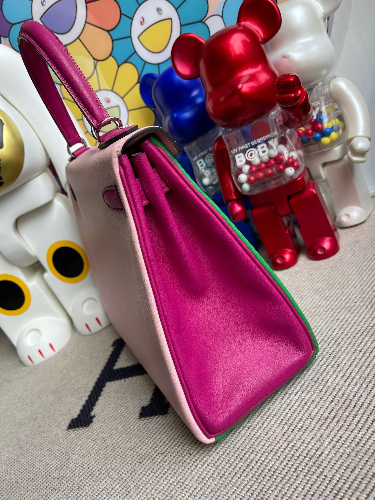 Hermes Kelly 28CM Swift Leather 1K Bamboo / 3Q Rose Sakura / L3 Rose Purple , Silver Hardware ,Full Handmade