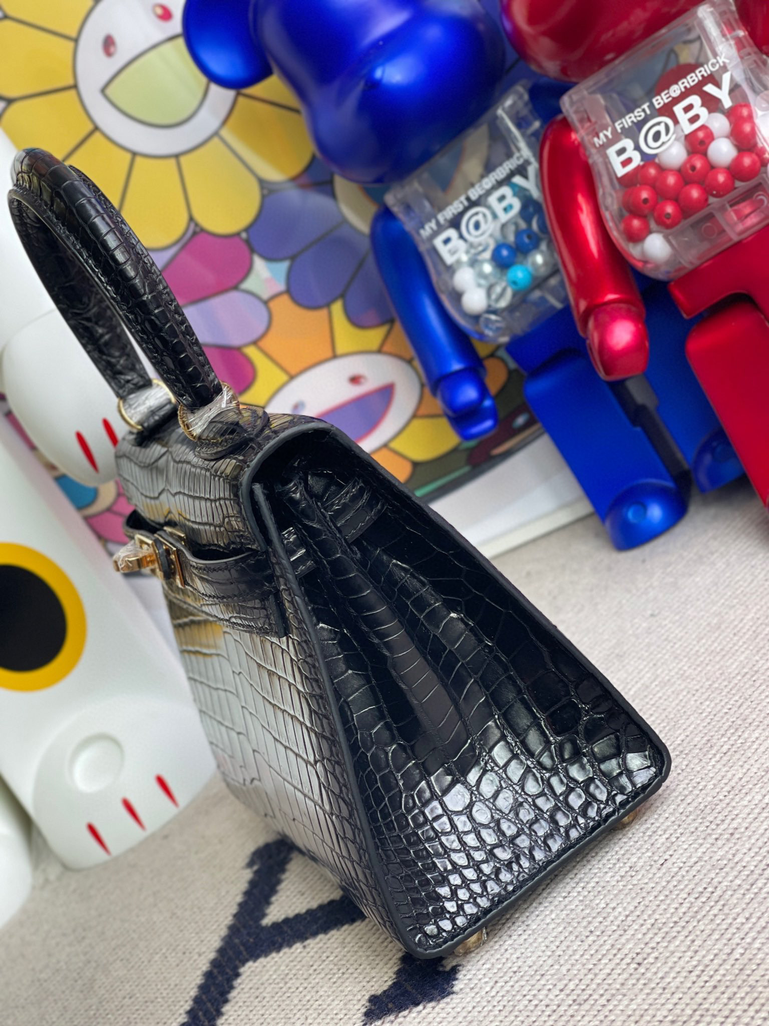 RepLadies Kelly 20CM Black Matte Porosus Crocodile  Nior Gold hardware