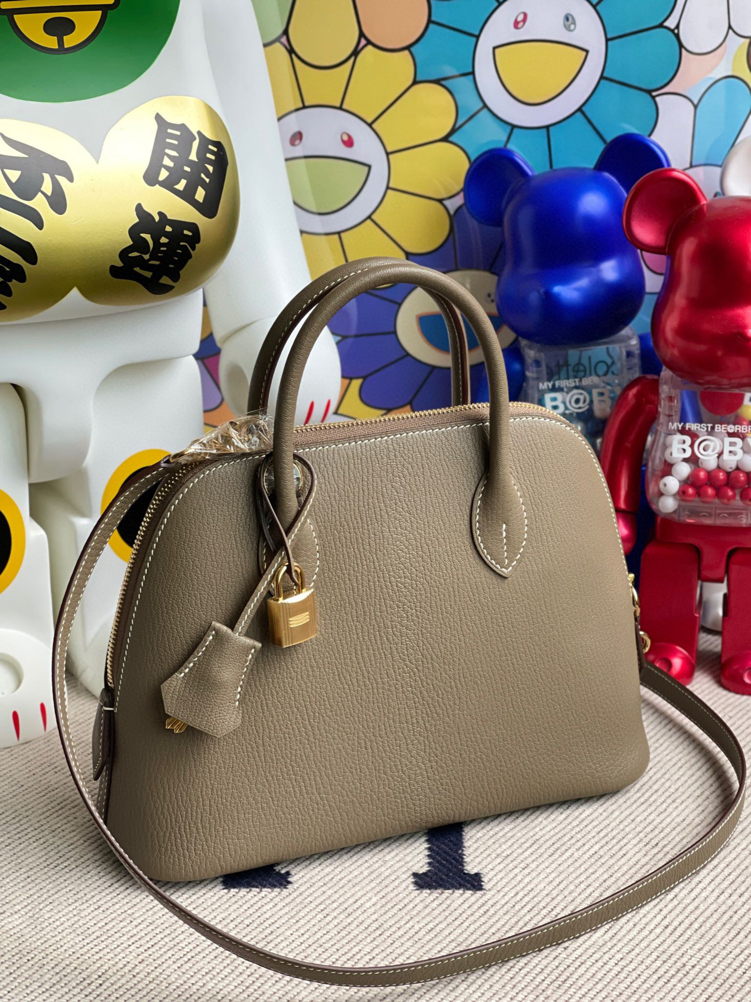 RepLadies Hermes Bolide 25CM Chevre CK81 Etoupe Gold Hardware