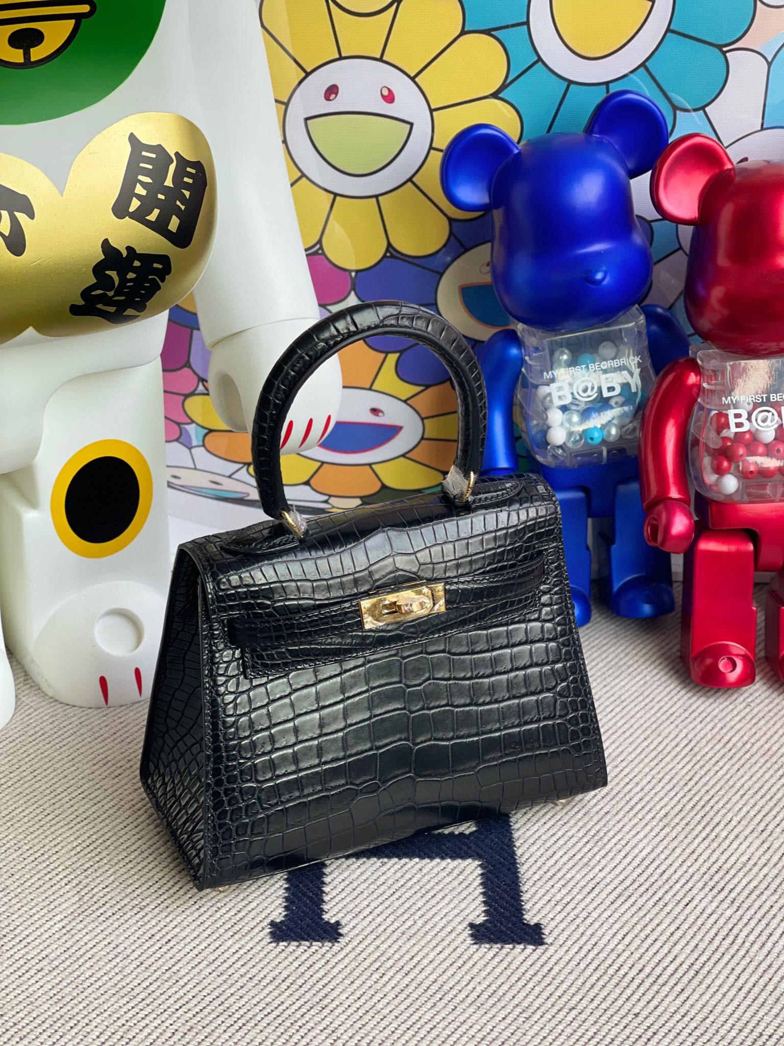 RepLadies Kelly 20CM Black Matte Porosus Crocodile  Nior Gold hardware