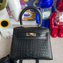 RepLadies Kelly 20CM Black Matte Porosus Crocodile  Nior Gold hardware