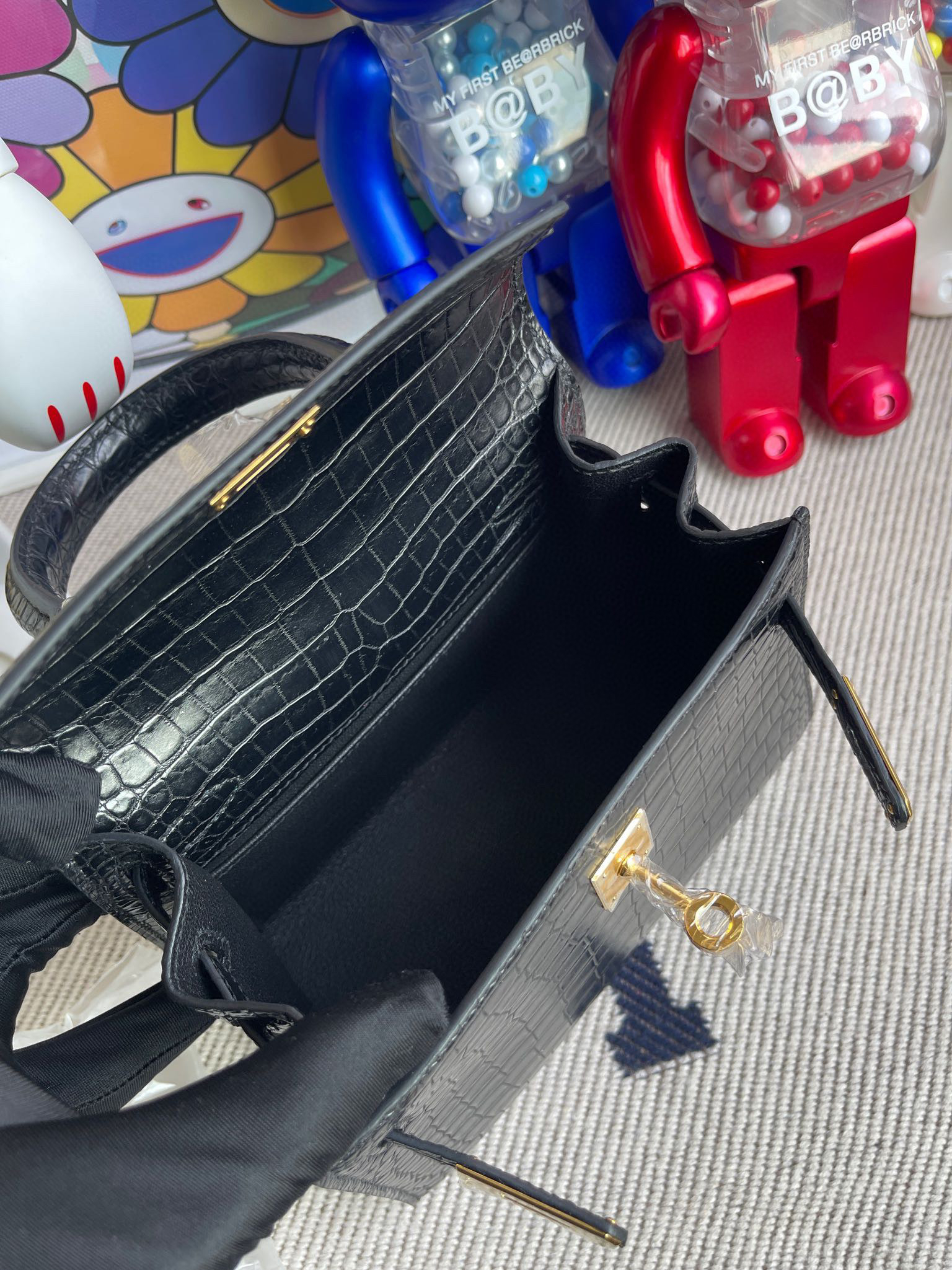 RepLadies Kelly 20CM Black Matte Porosus Crocodile  Nior Gold hardware