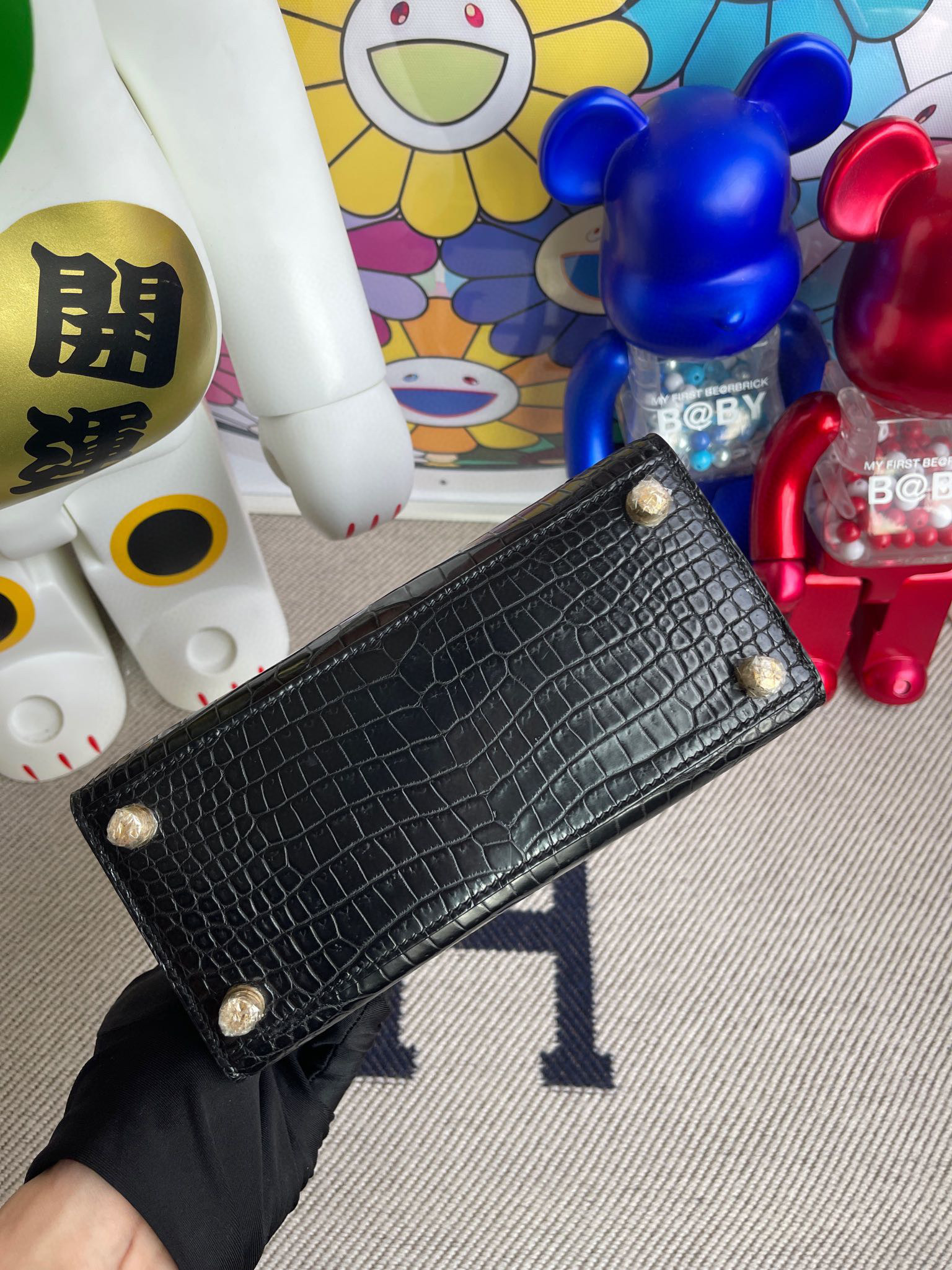 RepLadies Kelly 20CM Black Matte Porosus Crocodile  Nior Gold hardware