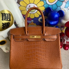 RepLadies Hermes Birkin 30CM Matte Alligator Crocodile Brown Gold Hardware